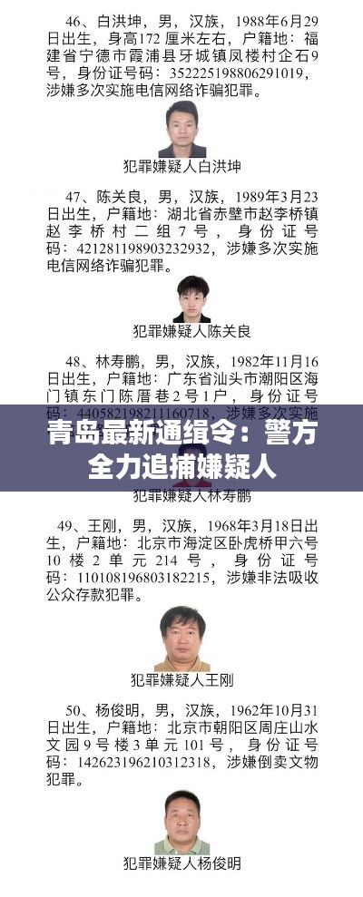 青岛最新通缉令:警方全力追捕嫌疑人
